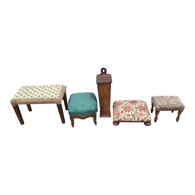 Lot 1320 - Nineteenth century elm candle box, together with four various footstools (5)