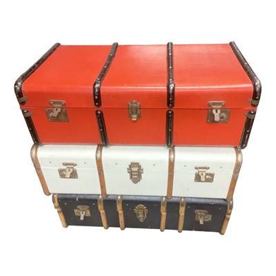 Lot 1447 - Group of three decorative steamer trunks painted red, blue and white