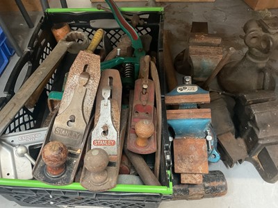 Lot 317 - Group of old metal vices including a Stanley No. 702 corner vice, two Stanley wood planes, Trimming Shop hand press, Gedore 1B large combination spanner and other tools
