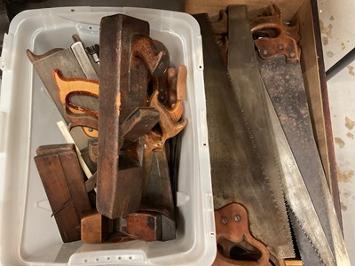 Lot 318 - Collection of vintage saws with wooden handles, wood planes and other hand tools