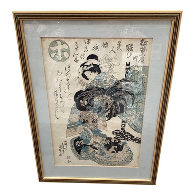 Lot 1194 - 19th century Japanese woodblock print by Gototei Kunisada, framed, 37cm x 25cm