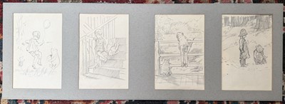 Lot 345 - After E H Shepherd - four Winnie-the-Pooh pencil drawings, each 14.5cm x 9.5cm, mounted, unframed