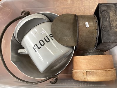 Lot 501 - Vintage kitchenalia to include enamel flour bin, jam pan, antique ledger, etc