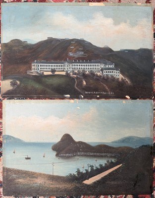 Lot 348 - Two late 19th/early 20th century Anglo Chinese School oils on card - Mount Austin Barracks and a harbour view, 32cm x 50cm, unframed