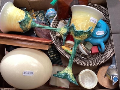 Lot 499 - Box of miscellaneous items to include an ostrich egg, a pair of Faïencerie pottery goblets, Mauchline ware note pad etc