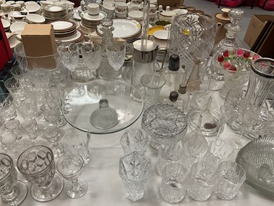 Lot 323 - Continental silver (800) collared glass vase, glass claret jug with plated mounts, hipflask, cut glass decanters, various wine glasses and other glassware