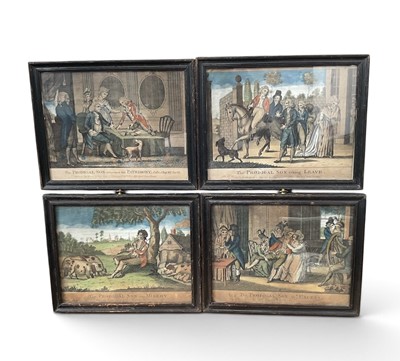 Lot 1228 - Set of four George III hand coloured engravings in antique glazed frames: The Prodigal Son: In Excess, Receives his Patrimony, in Misery, and taking...
