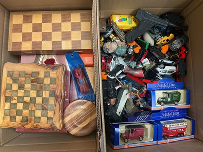 Lot 322 - Four boxes of toys cars, chess boards, vintage computer games, playing cards, Georgio Bear etc