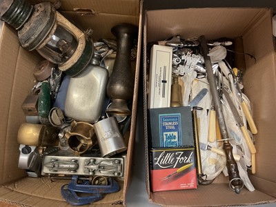 Lot 326 - Four boxes of metalwares, masthead lamp, canteen of cutlery, other flatware, kitchenalia, vintage telephones, circular wall mirror and sundries