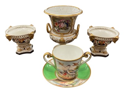 Lot 77 - Early 19th century Derby urn, a pair of Derby pot pourri, and a Spode chocolate cup and saucer painted with birds