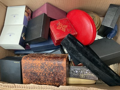 Lot 331 - Collection of empty jewellery boxes, empty Royal Mint coin boxes, parquetry writing box, treen items and sundries etc
