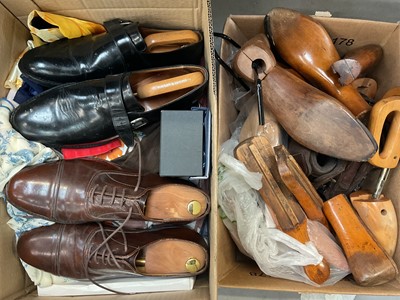Lot 332 - Collection of vintage wooden shoe trees, pair of gentlemen's Church's black leather evening shoes, various ties, scarves, sunglasses, railway hat and accessories etc (4 boxes)