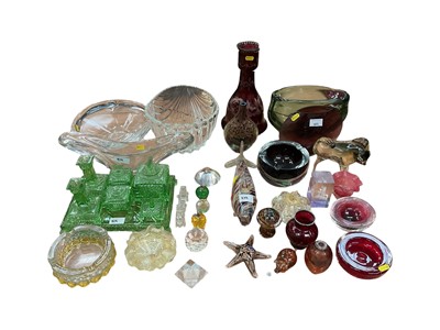 Lot 402 - Group of coloured glass and art glass including animal and fish ornaments, vases and a dressing table set