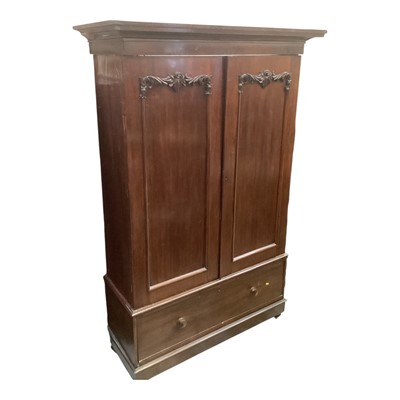 Lot 1339 - Victorian mahogany wardrobe with interior slides and hanging space enclosed by two panelled doors and single drawer below, 134cm wide, 53cm deep, 204.5cm high