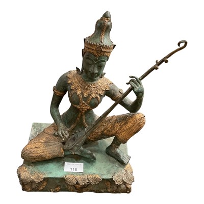 Lot 118 - Thai gilt and verdigris bronze sculpture of a Prince/musician, together with a pate of French Tiole de Jouy cushions (3)