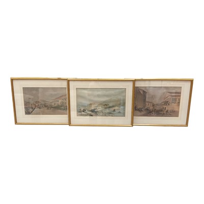 Lot 1225 - Three coloured prints after M. Bruce and Maclure depicting views of Hong Kong comprising Aberdeen Street, Sai Wan and Spring Gardens in Wanchai, in glazed gilt frames