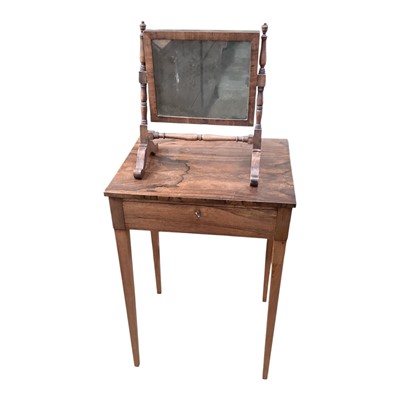 Lot 1344 - Regency rosewood work table with single drawer on square taper legs, 49cm wide, 40cm deep, 73cm high, together with a small mahogany mirror (2)