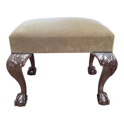 Lot 1347 - Good quality mahogany framed stool with upholstered seat on carved cabriole legs with claw and ball feet, 61cm x 45cm x 51cm high