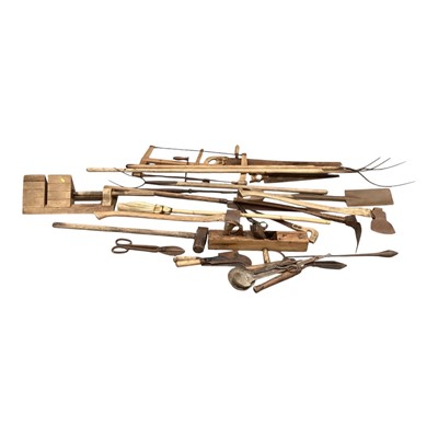 Lot 95 - Group of antique farming tools to include pitchforks, axes, African spear and others