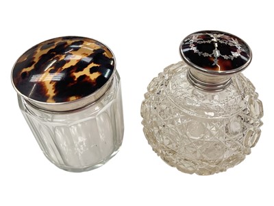 Lot 992 - Cut glass scent bottle with silver and tortoishell lid and toiletry jar by Levi & Salaman (Birmingham 1925)