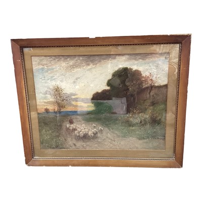 Lot 1205 - English School watercolour, circa 1900, shepherd and his flock, signed M. Brown, framed, 48cm x 36.5cm
