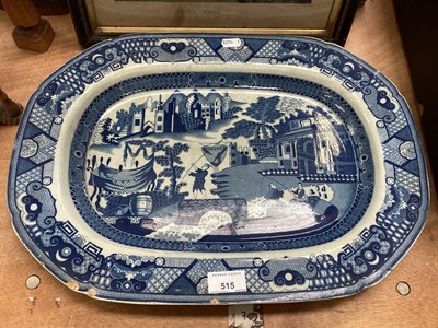 Lot 515 - Early 19th century English blue and white transfer printed meat p,ate with rare Fisherman pattern, together with an amusing 19th century engraving of a fisherman 'The Enthusiast' (2)