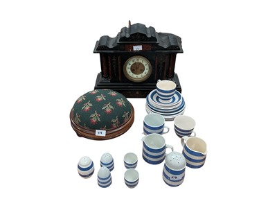 Lot 418 - Victorian slate mantle clock, foot stool and Cornish Ware