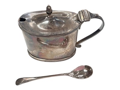 Lot 970 - Silver mustard pot with blue glass liner and silver condiment spoon