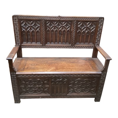 Lot 1362 - Good quality Victorian carved oak hall bench with storage compartment, 122cm wide, 42cm deep, 112cm high