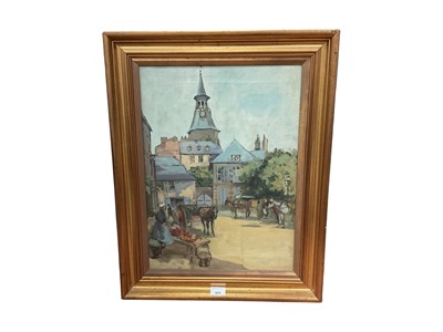 Lot 424 - Oil on canvas, Courtyard scene with horses and carts, framed, unsigned (1)