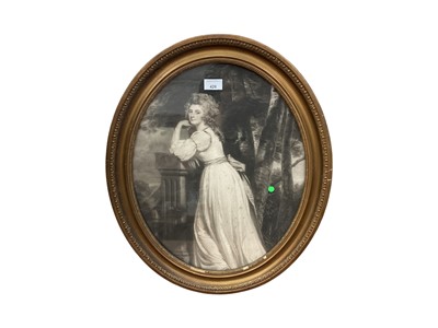 Lot 426 - Oval print lady in period gown, two tapestries and drawing of lady and gent, all framed (4)