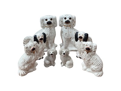 Lot 429 - Selection of Staffordshire Dogs, Mason's pottery and salt glazed flagons and pots (2 boxes)