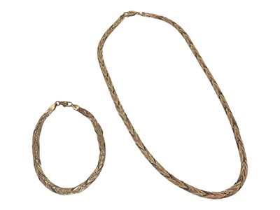 Lot 989 - Three-colour 9ct gold woven necklace and bracelet (2)