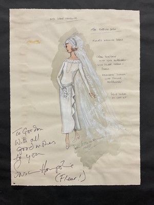 Lot 1254 - Joan Ellacott (1920-2007) pencil and watercolour costume design for Susan Hampshire as Fleur in The Forsyte Saga, with inscription by Susan Hampshire