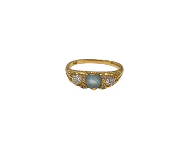 Lot 965 - Victorian style aquamarine and diamond three stone ring in 18ct gold setting (London 1977)