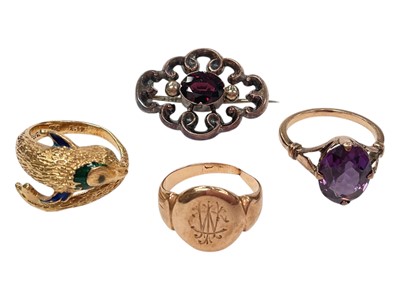 Lot 968 - Greek 18ct gold and enamel 'dolphin' ring, 15ct gold signet ring, faux alexanderite single stone ring and a Victorian garnet brooch (4)