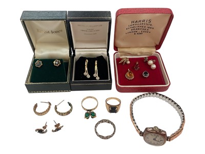 Lot 922 - Group of 9ct gold and yellow metal earrings, three gem set pendants, three 9ct gold rings and 9ct gold cased vintage wristwatch on plated expandable bracelet
