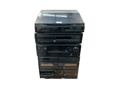 Lot 436 - Kenwood stereo stack system with A-51 integrated amplifier, T-91L synthesiser tuner, X-71 cassette player, GE-800 graphic equaliser, DP-310 disc player, P-71 turntable and two speakers