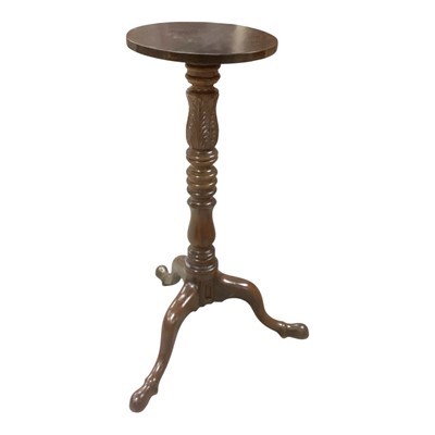 Lot 1382 - Victorian mahogany torchere with circular top on carved and turned column and three hipped splayed legs, 103.5cm high