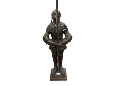 Lot 440 - Knight in armour metal fire side utensil stand, mirrors and clock
