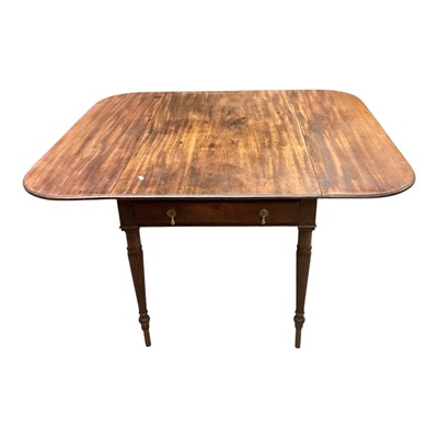 Lot 1384 - Nineteenth century mahogany drop leaf dining table with two end drawers on reeded turned legs, opening to 141.5cm x 129cm