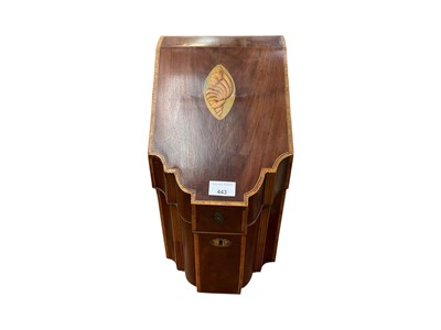 Lot 443 - Three flat irons, shears and George III inlaid knife box (5)