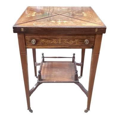 Lot 1387 - Late Victorian rosewood envelope top card table with inlaid decoration, 55cm square, 74cm high