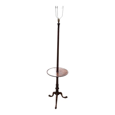 Lot 1388 - Georgian style mahogany standard lamp with shelf on tripod base, 150cm high excluding brass fitting