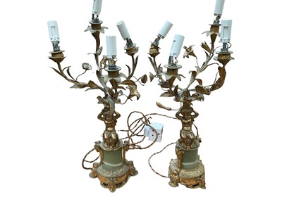 Lot 446 - Pair of ornate brass floral Fourgon branch table lamps, with cherub stands (2)