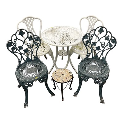 Lot 1408 - Metal garden table with matching pair of chairs, together with a pair of green painted metal chairs and a small pot stand.