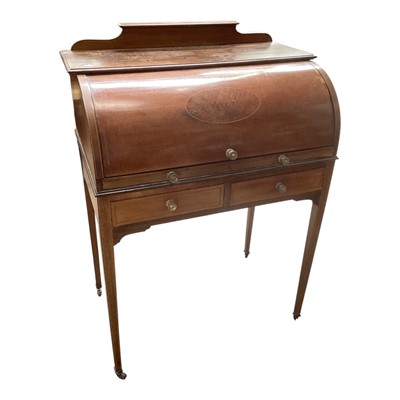 Lot 1391 - Edwardian inlaid mahogany roll top desk with fitted interior and two drawers below on square taper legs, 81cm wide, 50cm deep, 112cm high