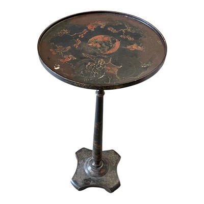 Lot 1396 - Oriental black lacquer chinoiserie wine table decorated with figures, 35.5cm diameter, 69.5cm high