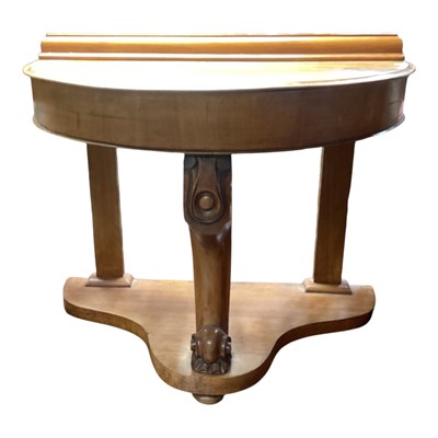 Lot 1398 - Victorian mahogany demi lune two tier table with carved central support, 87cm wide, 46.5cm deep, 75.5cm high