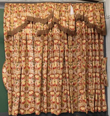 Lot 228 - Pair of John Stefanidis Victoria design printed cotton country house curtains, 340cm drop x 243cm wide with matching pelmets 210cm wide x 60cm drop and tie backs